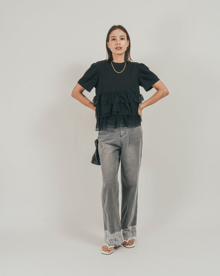 ［SET］チュールフリル ペプラムTシャツ + 接触冷感 10oz裾レースデニム（2SET）