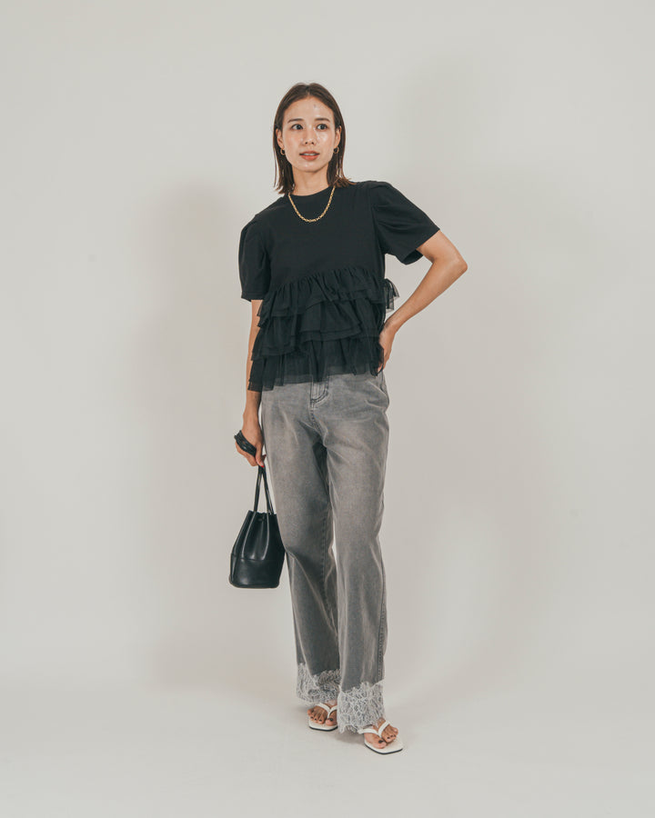 ［SET］チュールフリル ペプラムTシャツ + 接触冷感 10oz裾レースデニム（2SET）