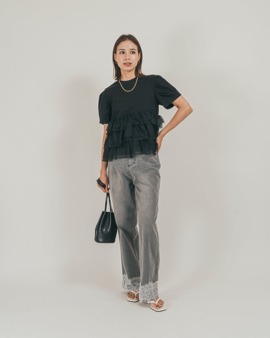 ［SET］チュールフリル ペプラムTシャツ + 接触冷感 10oz裾レースデニム（2SET）
