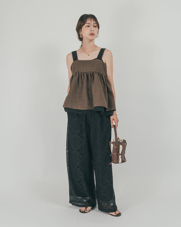 ［SET］スラブTweedバイカラーティアードキャミ + Blockレース　ストレートパンツ（2SET）