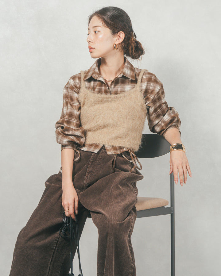 ［SET］裾ドロストクロップドチェックシャツ+モヘアタッチKnitビスチェ+コーデュロイWideストレートパンツ（3SET）