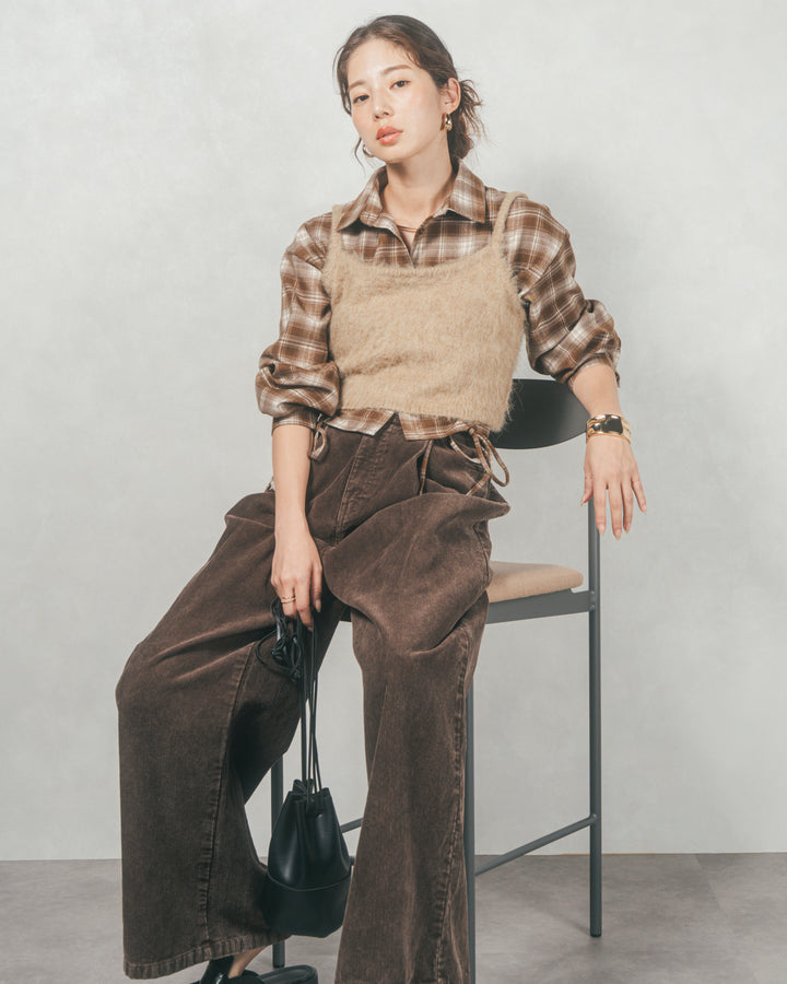 ［SET］裾ドロストクロップドチェックシャツ+モヘアタッチKnitビスチェ+コーデュロイWideストレートパンツ（3SET）