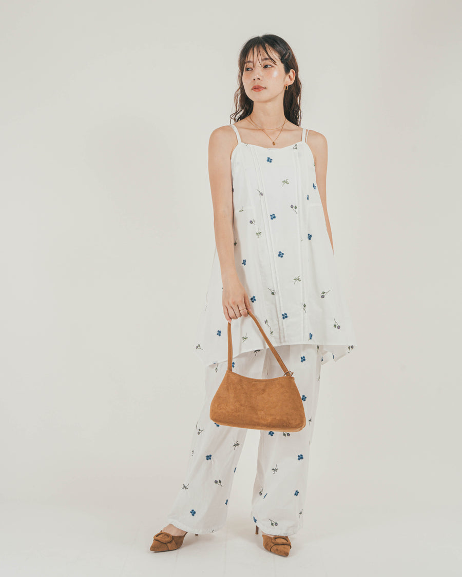 ［SET］Flower刺繍チュニックキャミ + Flower刺繍リラックスパンツ + カップ付きカットリブキャミ（3SET）