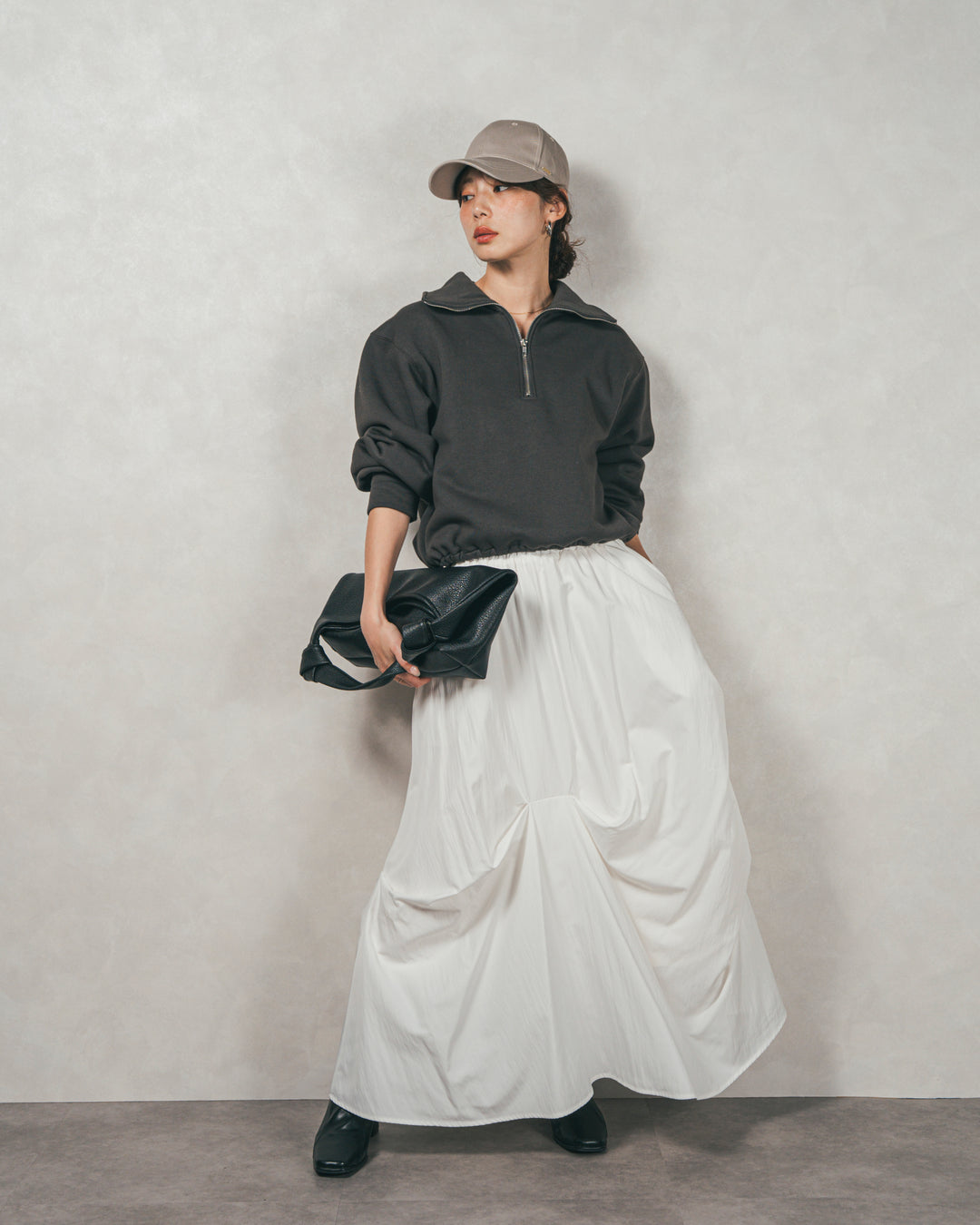 ［SET］裏起毛ハーフZipスウェット+ヴィンテージブロードランダムタックスカート（2SET）