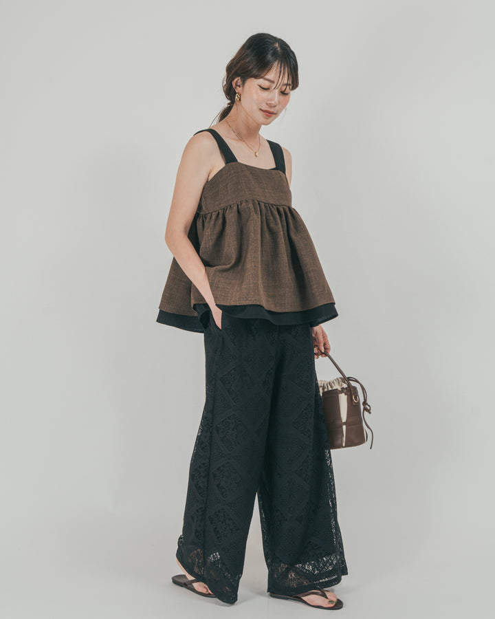 ［SET］スラブTweedバイカラーティアードキャミ + Blockレース　ストレートパンツ（2SET）