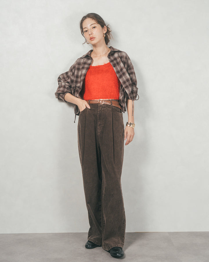 ［SET］裾ドロストクロップドチェックシャツ+モヘアタッチKnitビスチェ+コーデュロイWideストレートパンツ（3SET）