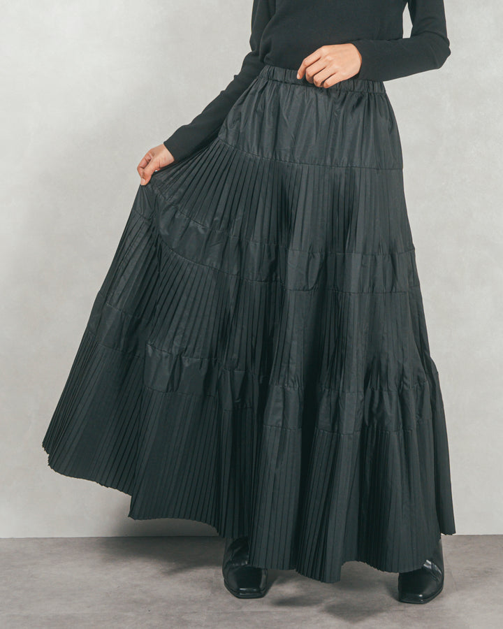 プリーツティアードLongスカート (BLACK)