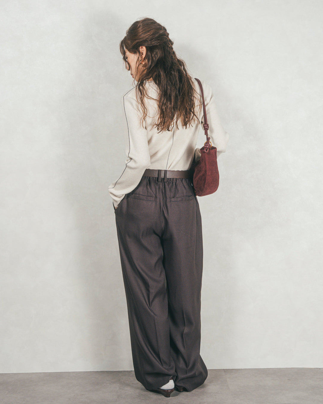 ［SET］Line Rib クルーネックニット+メランジチェックStraightパンツ（2SET）