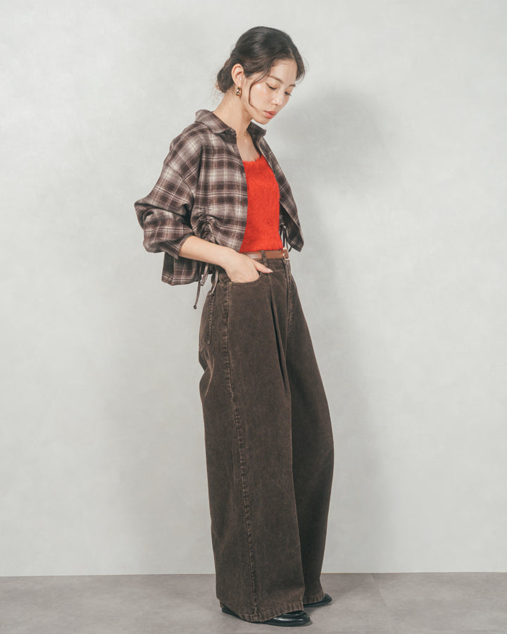 ［SET］裾ドロストクロップドチェックシャツ+モヘアタッチKnitビスチェ+コーデュロイWideストレートパンツ（3SET）