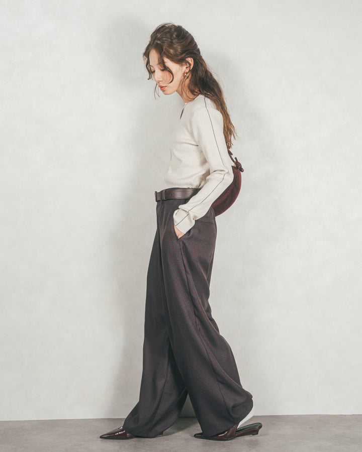 ［SET］Line Rib クルーネックニット+メランジチェックStraightパンツ（2SET）