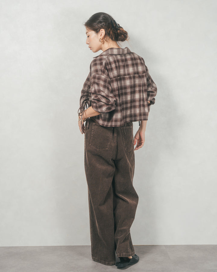 ［SET］裾ドロストクロップドチェックシャツ+モヘアタッチKnitビスチェ+コーデュロイWideストレートパンツ（3SET）