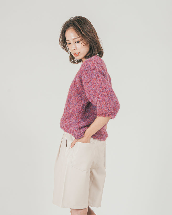 ［SET］フェザータッチハーフスリーブニット + レザーライクハーフパンツ（2SET）