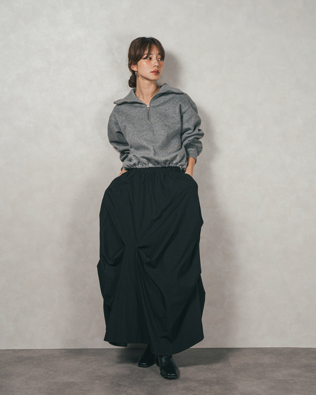 ［SET］裏起毛ハーフZipスウェット+ヴィンテージブロードランダムタックスカート（2SET）