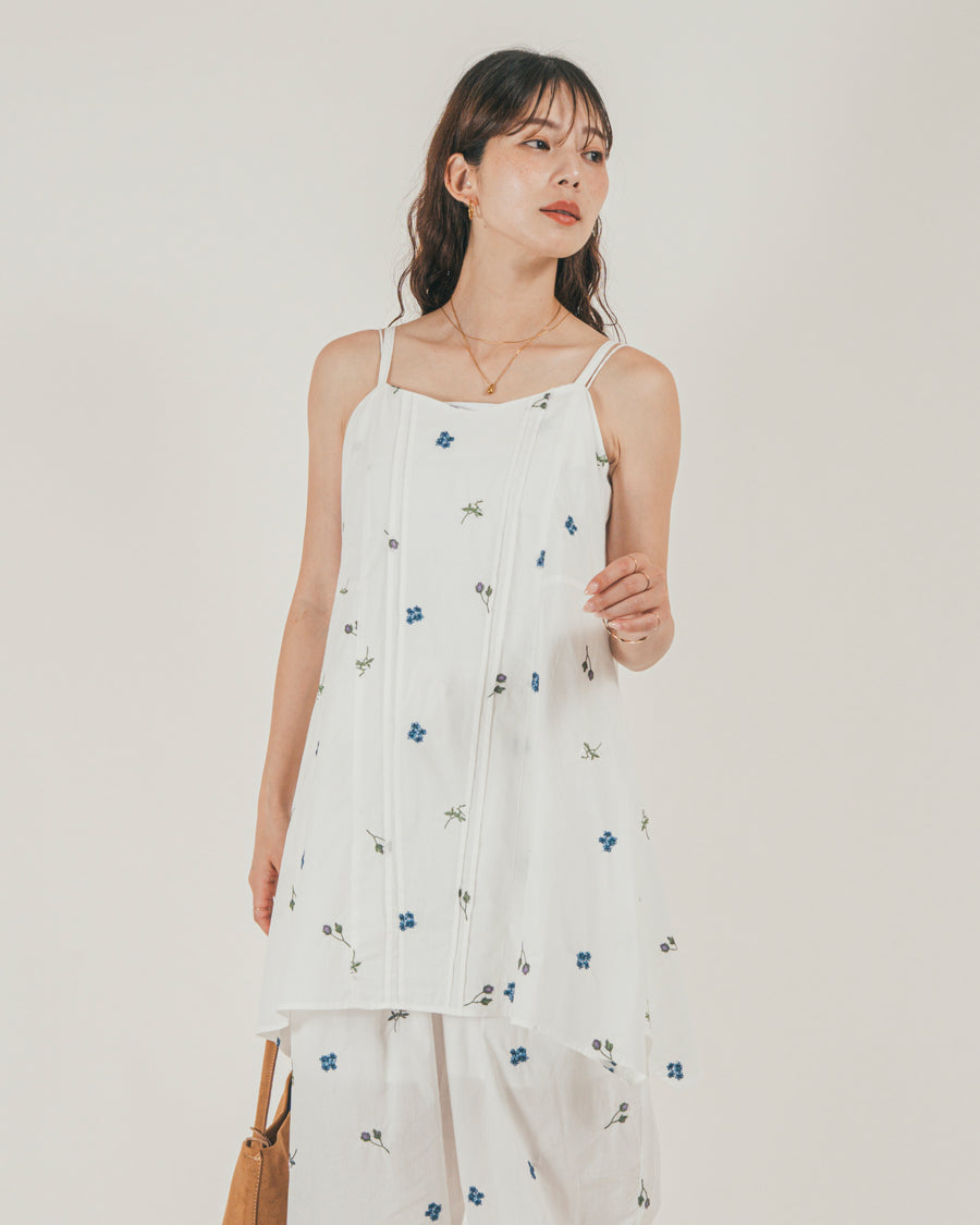 ［SET］Flower刺繍チュニックキャミ + Flower刺繍リラックスパンツ + カップ付きカットリブキャミ（3SET）