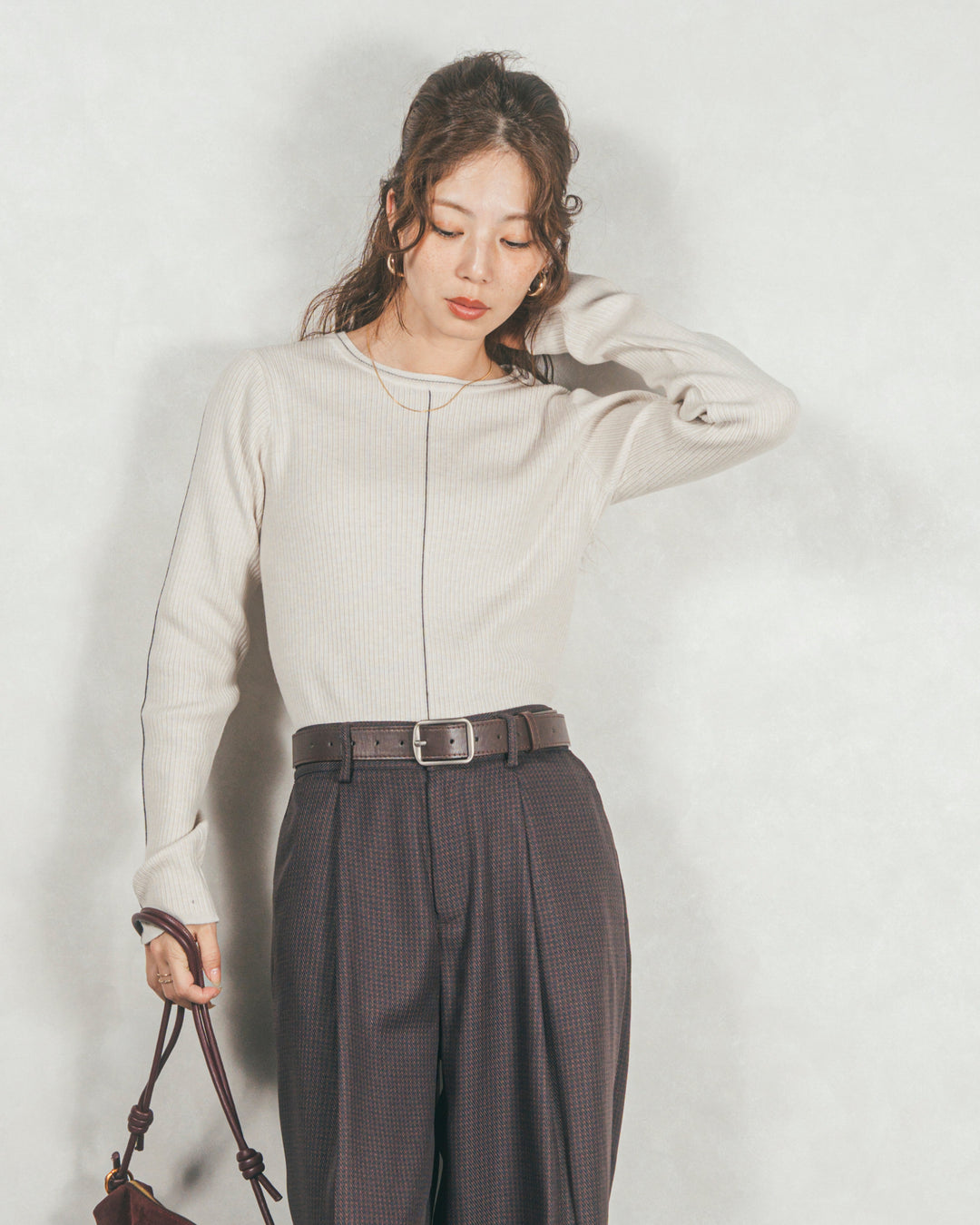 ［SET］Line Rib クルーネックニット+メランジチェックStraightパンツ（2SET）