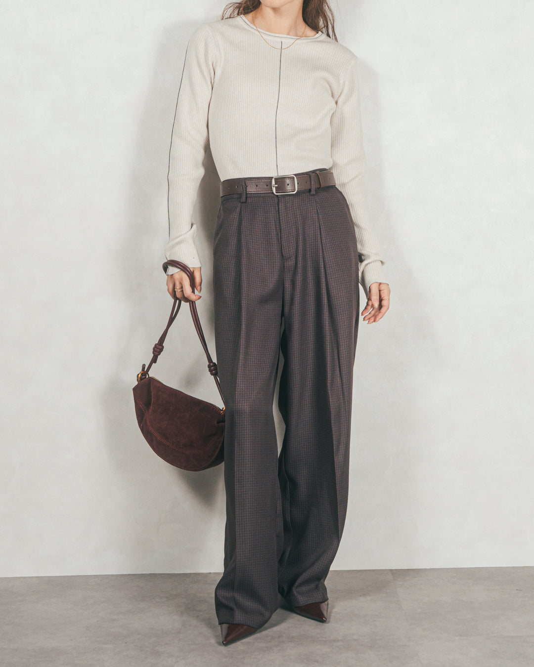 ［SET］Line Rib クルーネックニット+メランジチェックStraightパンツ（2SET）