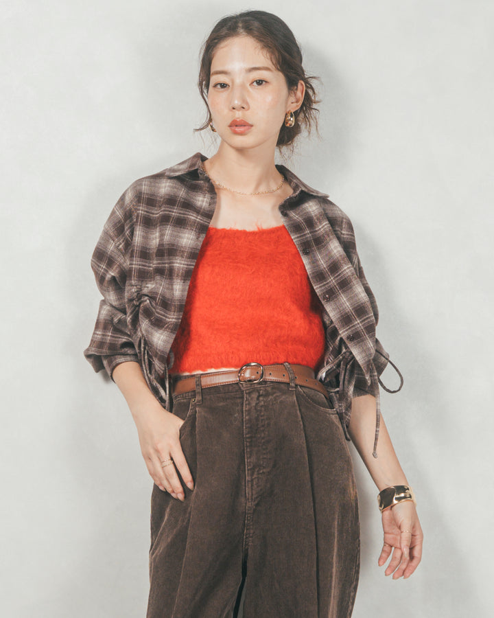 ［SET］裾ドロストクロップドチェックシャツ+モヘアタッチKnitビスチェ+コーデュロイWideストレートパンツ（3SET）