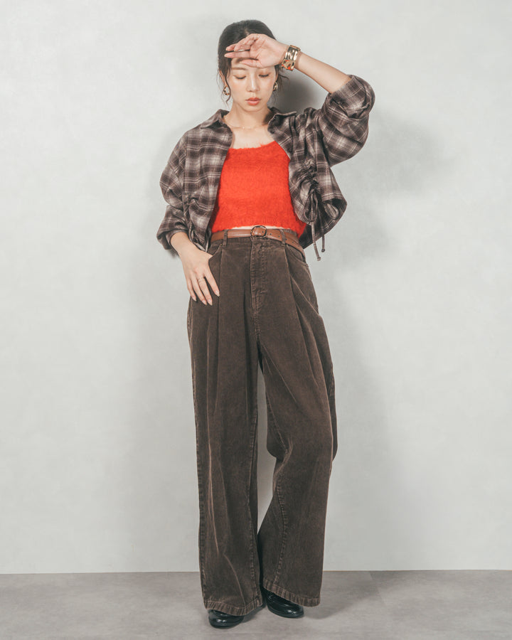 ［SET］裾ドロストクロップドチェックシャツ+モヘアタッチKnitビスチェ+コーデュロイWideストレートパンツ（3SET）