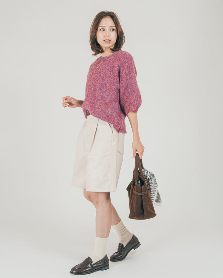 ［SET］フェザータッチハーフスリーブニット + レザーライクハーフパンツ（2SET）
