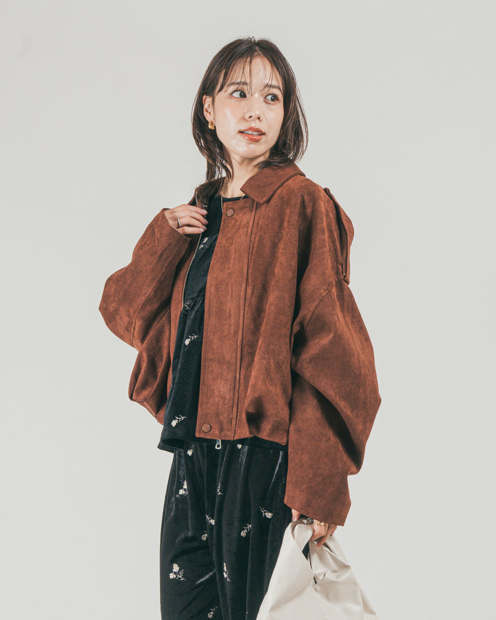 ［SET］ステンカラースウェードブルゾン + Flower刺繍 ベロアペプラムキャミ + Flower刺繍 ベロアパンツ（3SET）