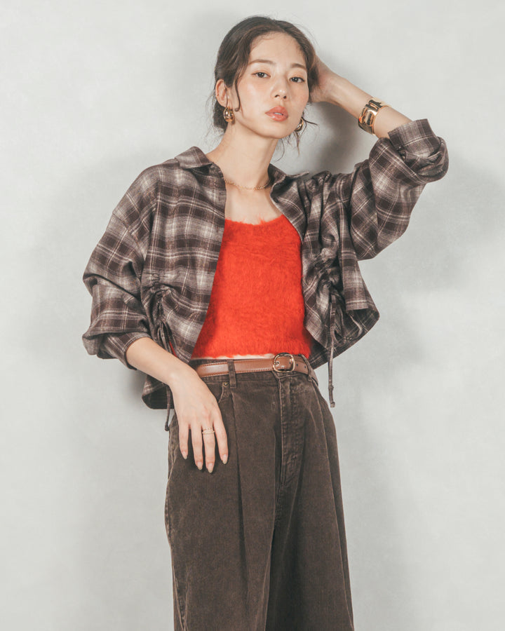 ［SET］裾ドロストクロップドチェックシャツ+モヘアタッチKnitビスチェ+コーデュロイWideストレートパンツ（3SET）