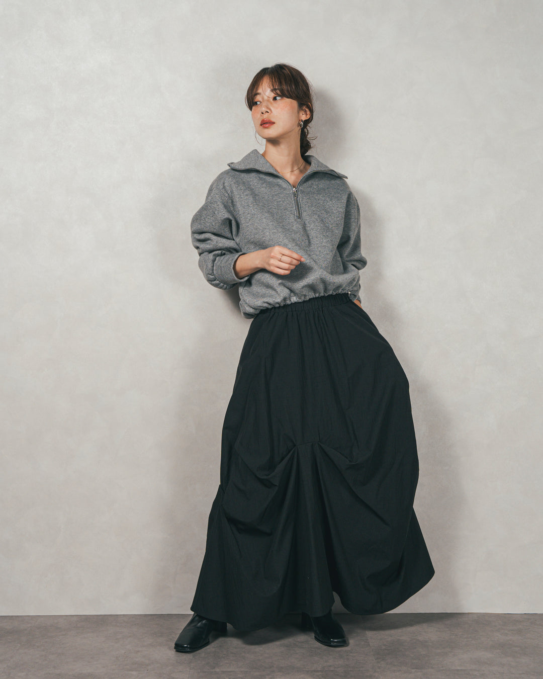 ［SET］裏起毛ハーフZipスウェット+ヴィンテージブロードランダムタックスカート（2SET）