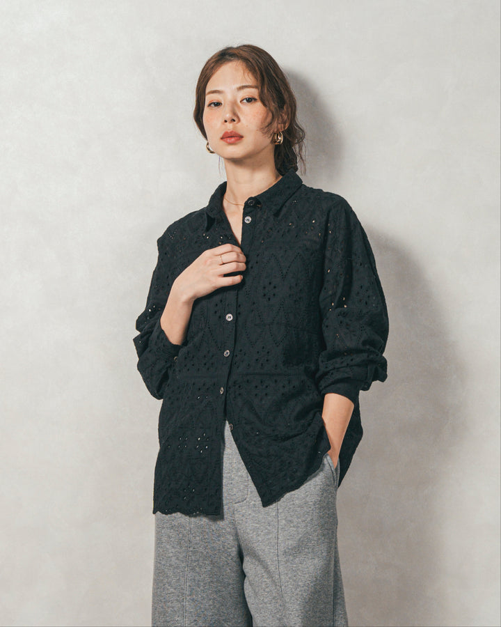 コットンフラワーレースシャツ (BLACK)