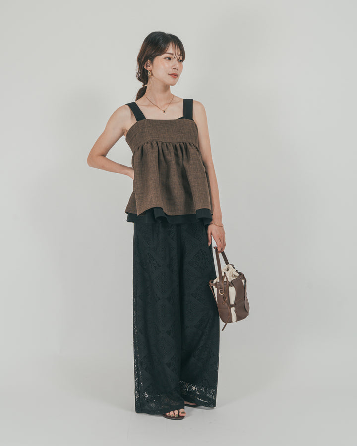 ［SET］スラブTweedバイカラーティアードキャミ + Blockレース　ストレートパンツ（2SET）