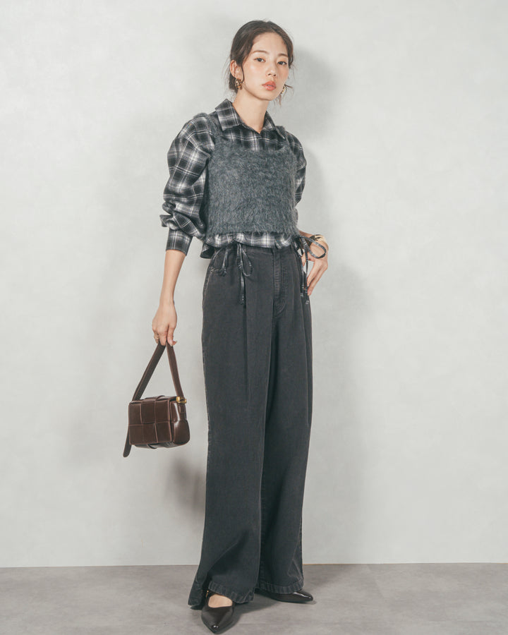 ［SET］裾ドロストクロップドチェックシャツ+モヘアタッチKnitビスチェ+コーデュロイWideストレートパンツ（3SET）