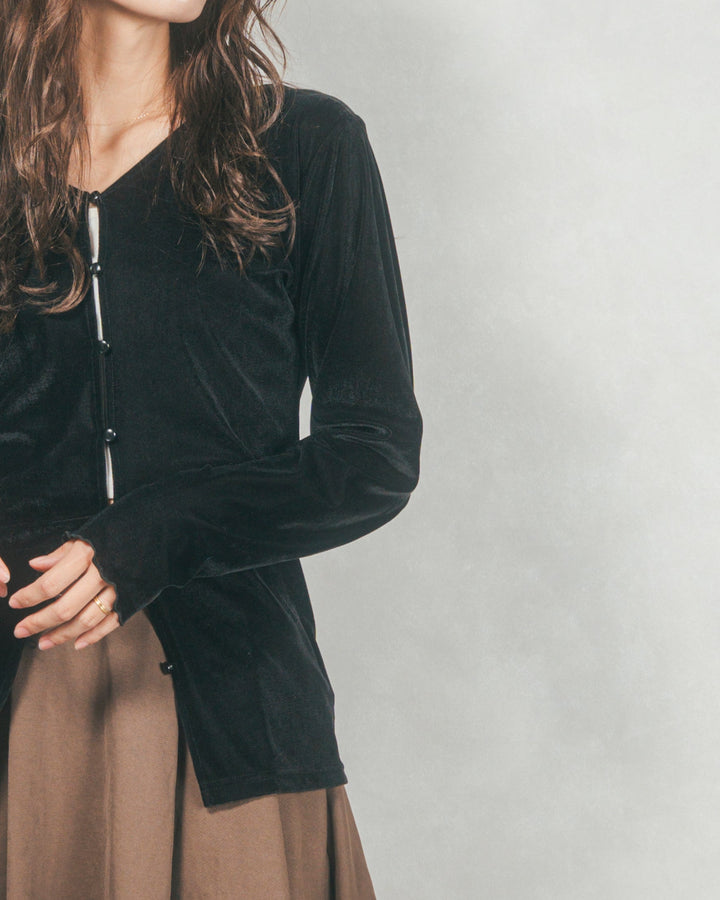 ベロア Vネックカーディガン (BLACK)