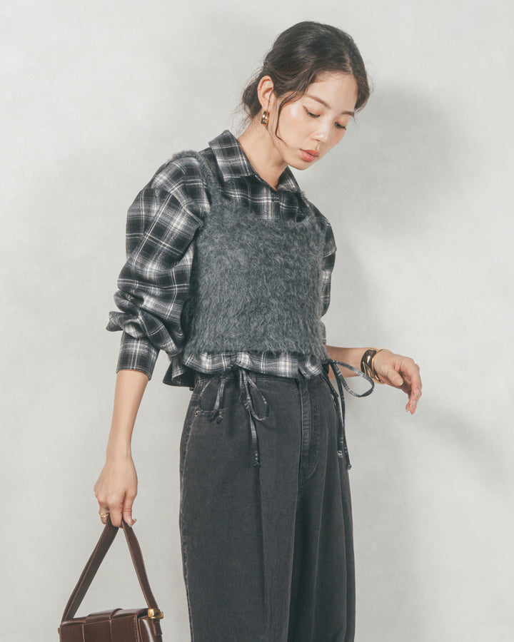 ［SET］裾ドロストクロップドチェックシャツ+モヘアタッチKnitビスチェ+コーデュロイWideストレートパンツ（3SET）