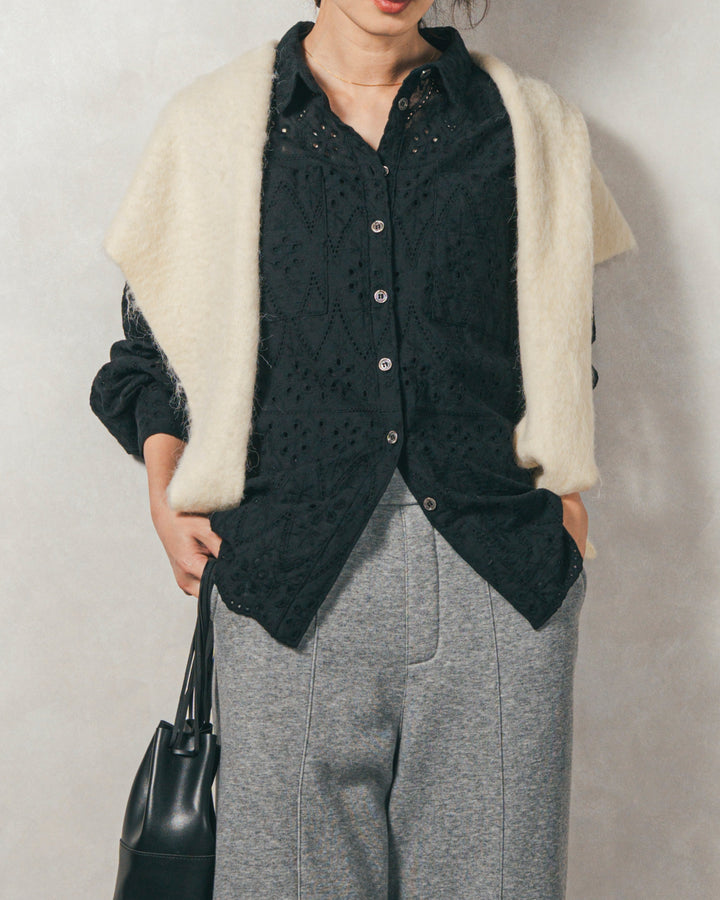 ［SET］コットンフラワーレースシャツ+Relax 裏起毛カーブパンツ（2SET）