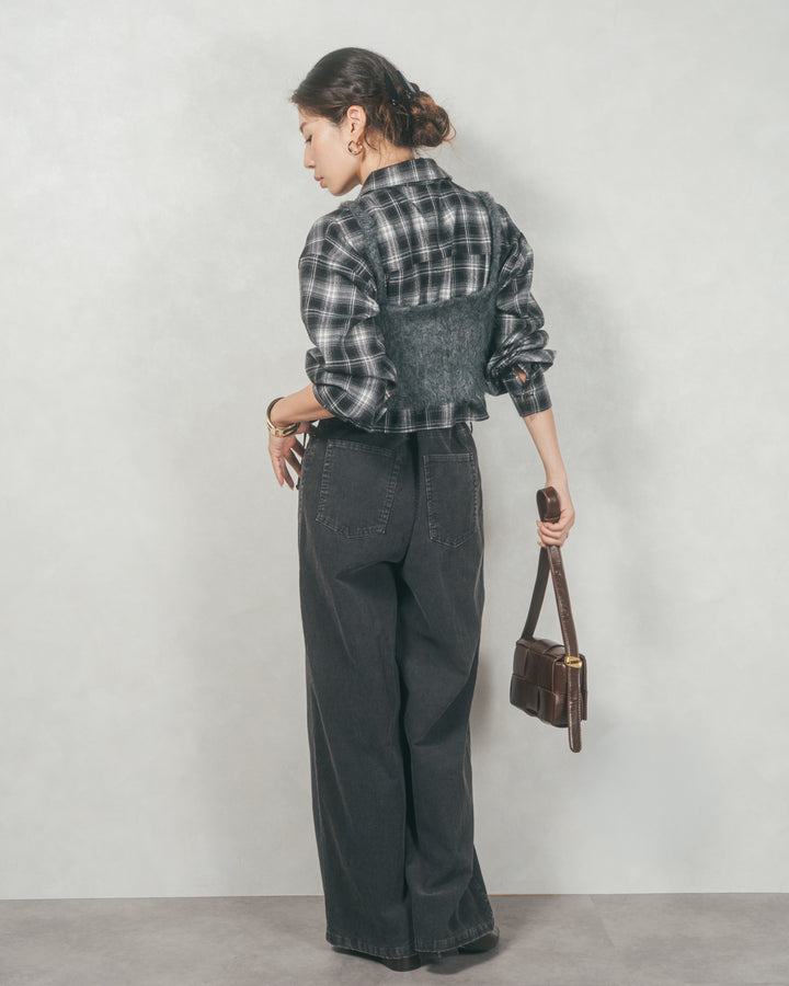［SET］裾ドロストクロップドチェックシャツ+モヘアタッチKnitビスチェ+コーデュロイWideストレートパンツ（3SET）