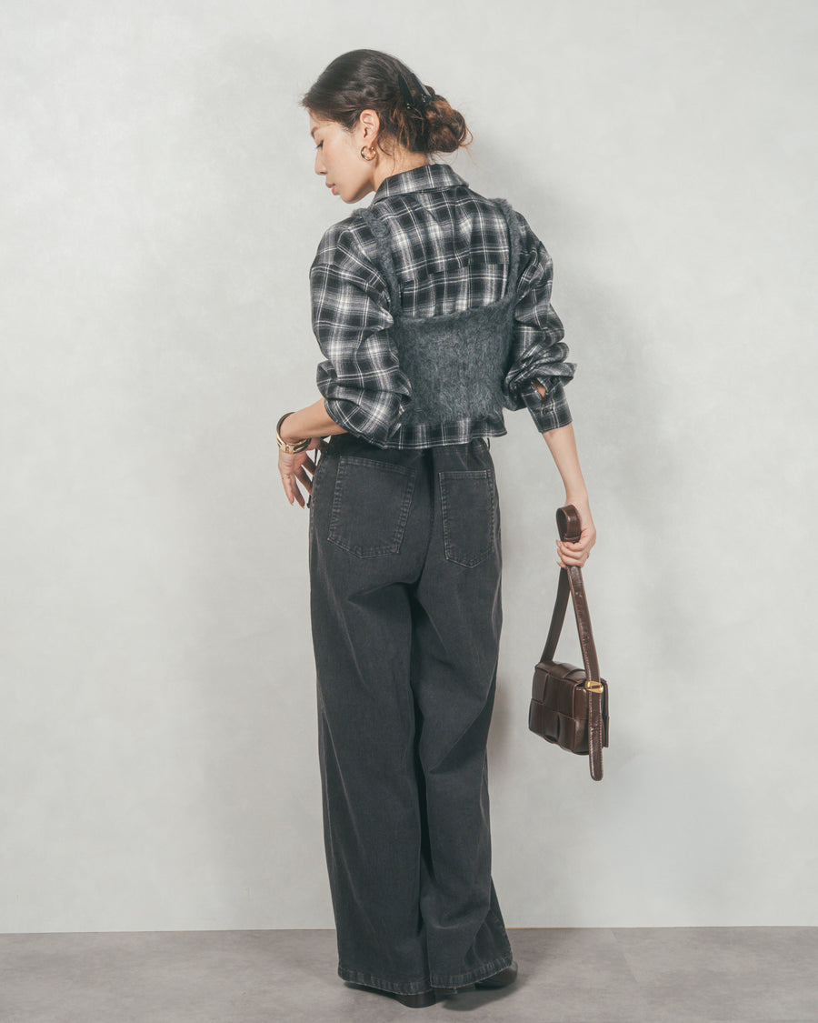 ［SET］裾ドロストクロップドチェックシャツ+モヘアタッチKnitビスチェ+コーデュロイWideストレートパンツ（3SET）