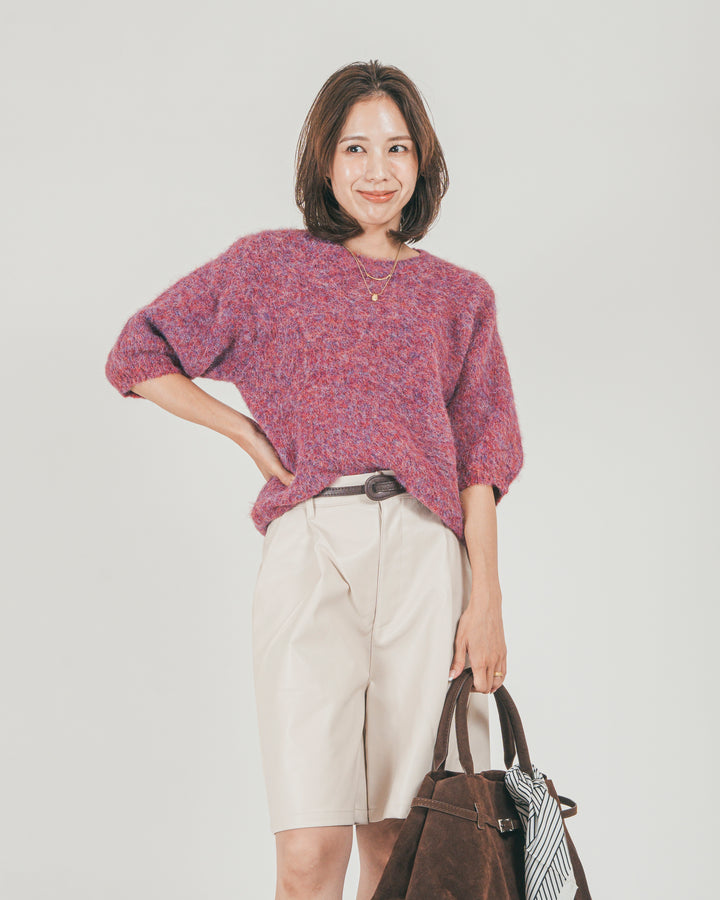 ［SET］フェザータッチハーフスリーブニット + レザーライクハーフパンツ（2SET）