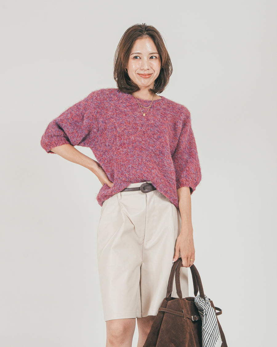 ［SET］フェザータッチハーフスリーブニット + レザーライクハーフパンツ（2SET）