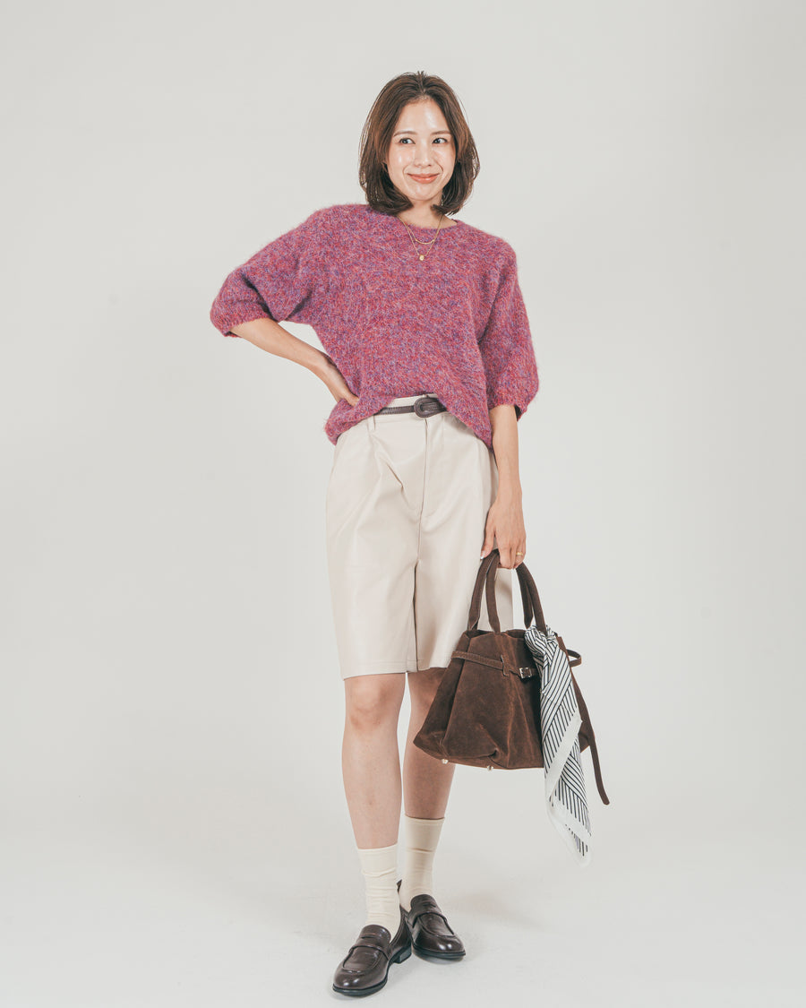 ［SET］フェザータッチハーフスリーブニット + レザーライクハーフパンツ（2SET）
