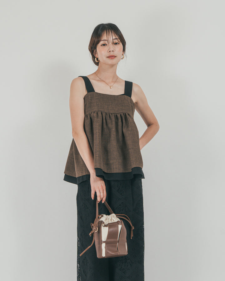 ［SET］スラブTweedバイカラーティアードキャミ + Blockレース　ストレートパンツ（2SET）