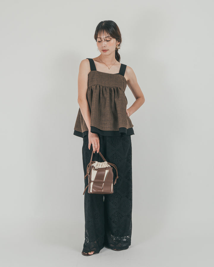 ［SET］スラブTweedバイカラーティアードキャミ + Blockレース　ストレートパンツ（2SET）