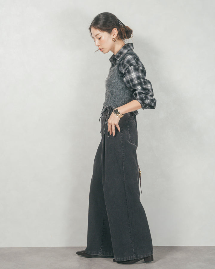 ［SET］裾ドロストクロップドチェックシャツ+モヘアタッチKnitビスチェ+コーデュロイWideストレートパンツ（3SET）
