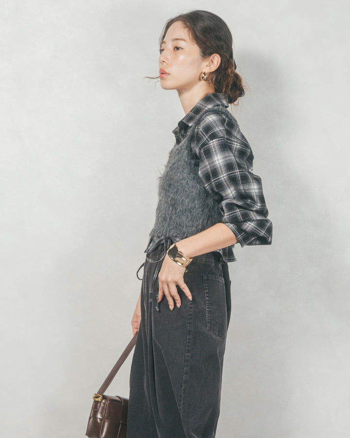 ［SET］裾ドロストクロップドチェックシャツ+モヘアタッチKnitビスチェ+コーデュロイWideストレートパンツ（3SET）