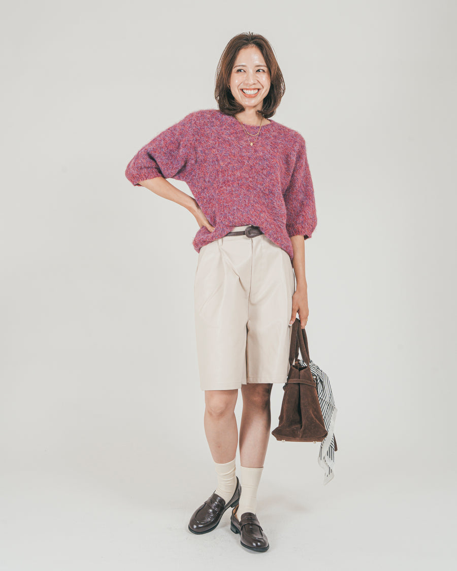 ［SET］フェザータッチハーフスリーブニット + レザーライクハーフパンツ（2SET）