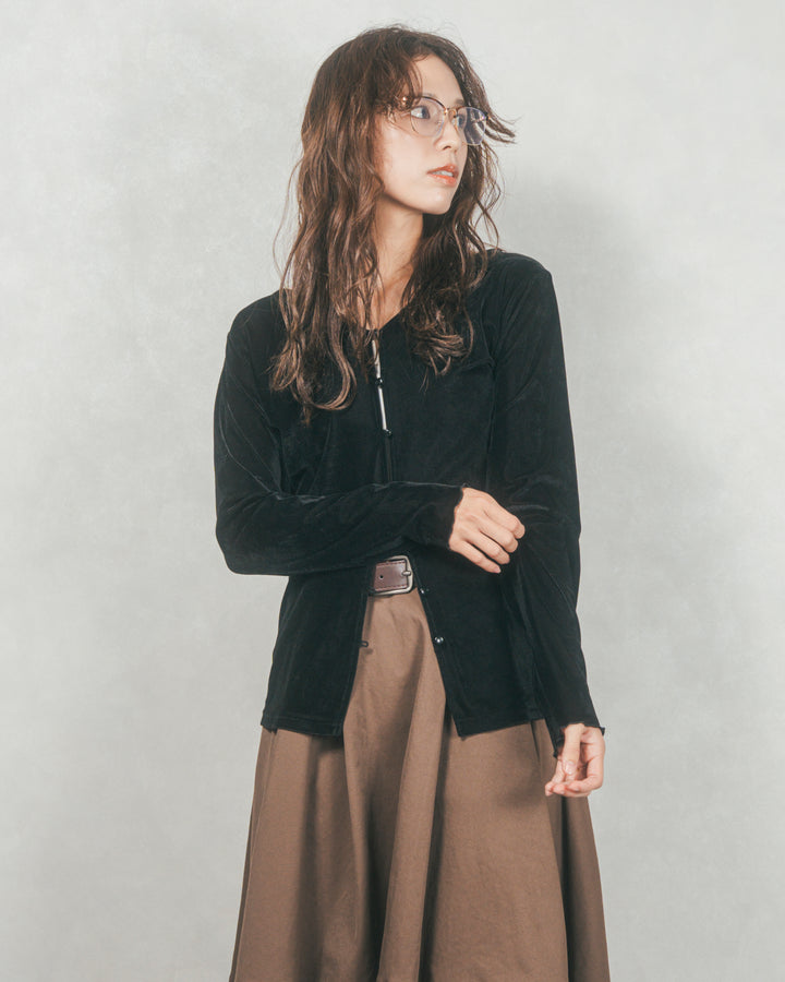 ［SET］ベロア Vネックカーディガン+コクーンシルエットロングスカート（2SET）