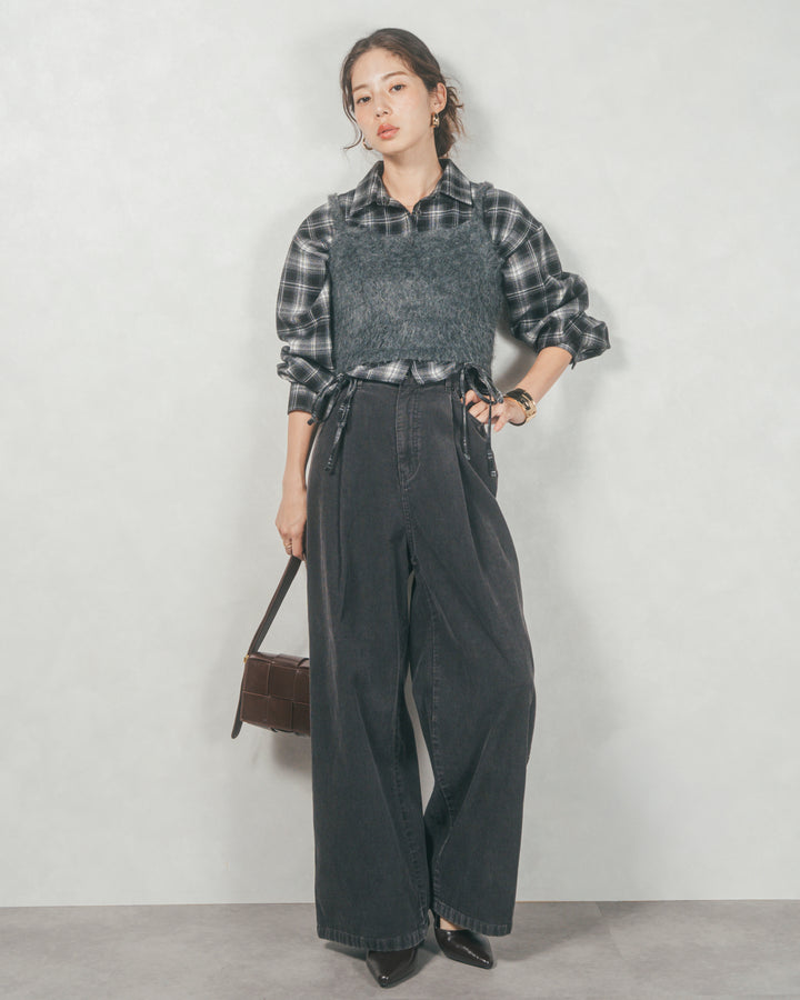 ［SET］裾ドロストクロップドチェックシャツ+モヘアタッチKnitビスチェ+コーデュロイWideストレートパンツ（3SET）
