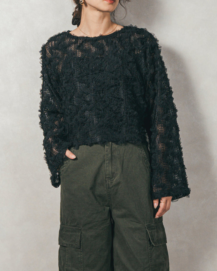 ［SET］チュールメッシュクロップドトップス+すっきり見えカップ付きキャミ+ピグメントツイルカーゴパンツ（3SET）