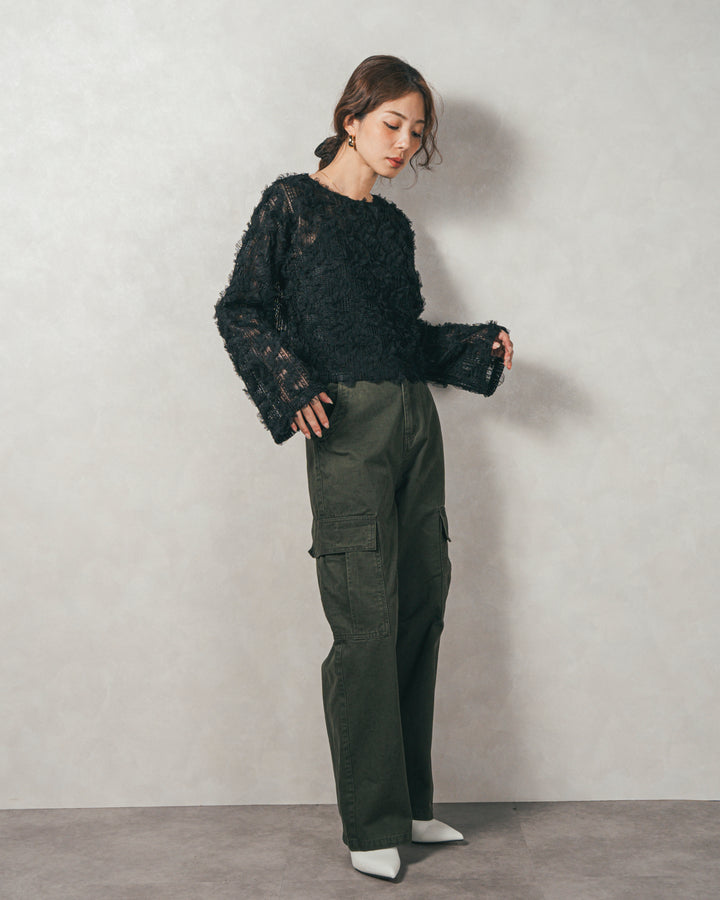 ［SET］チュールメッシュクロップドトップス+すっきり見えカップ付きキャミ+ピグメントツイルカーゴパンツ（3SET）