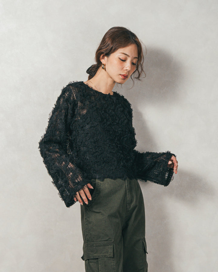 ［SET］チュールメッシュクロップドトップス+すっきり見えカップ付きキャミ+ピグメントツイルカーゴパンツ（3SET）