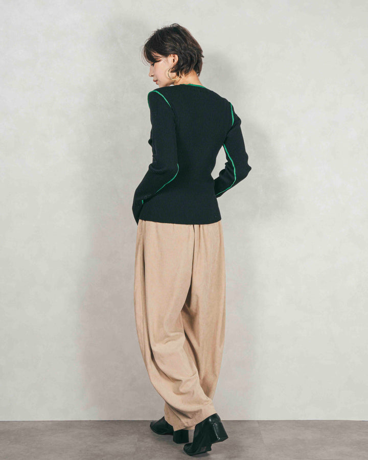 バイカラークルーネックニットトップス (BLACK x GREEN)