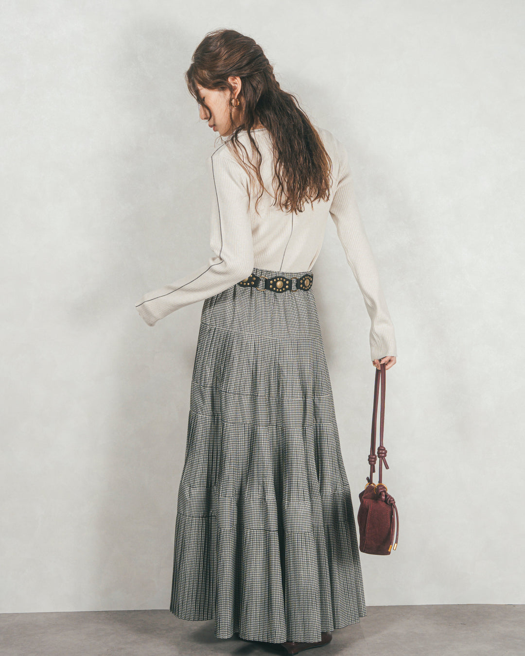 ［SET］Line Rib クルーネックニット+プリーツティアードLongスカート