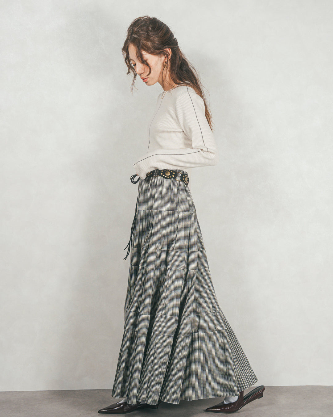 ［SET］Line Rib クルーネックニット+プリーツティアードLongスカート